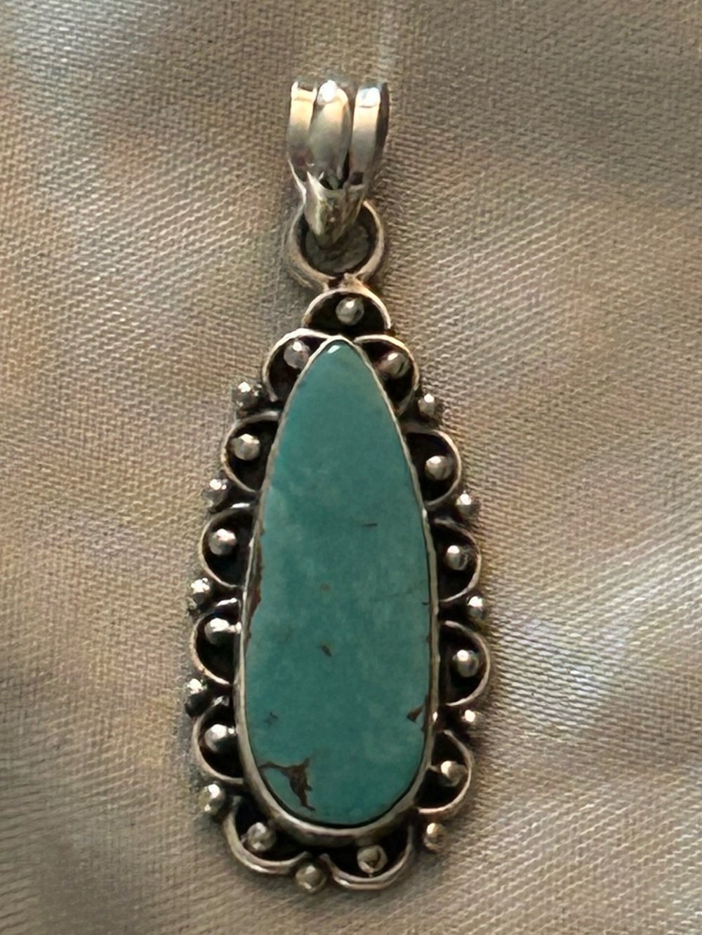 Turquoise Elongated Teardrop Sterling Pendant - Blue Green Stone